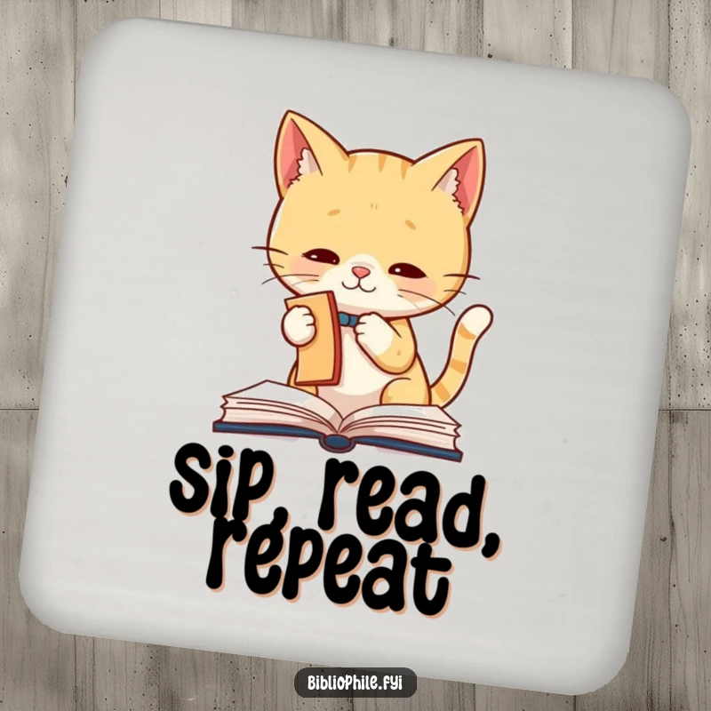 Funny Cat Coaster set featuring a cute cat character batting playfully at a bookmark, protecting surfaces with humorous literary-themed flair.