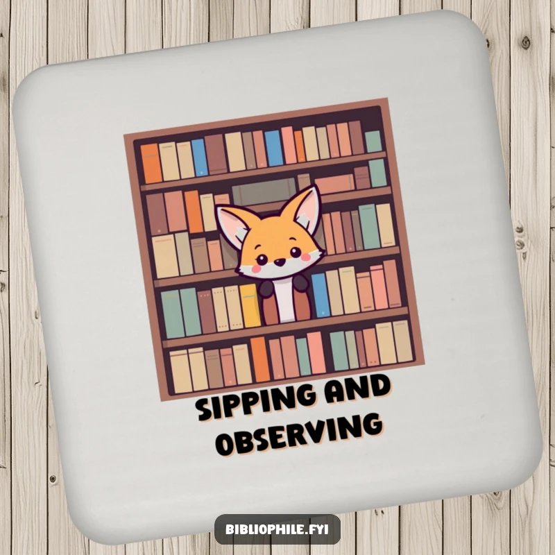 Funny Fox Coaster: A curious fox peeks from behind a bookshelf, protecting surfaces with literary humor and undeniable charm.