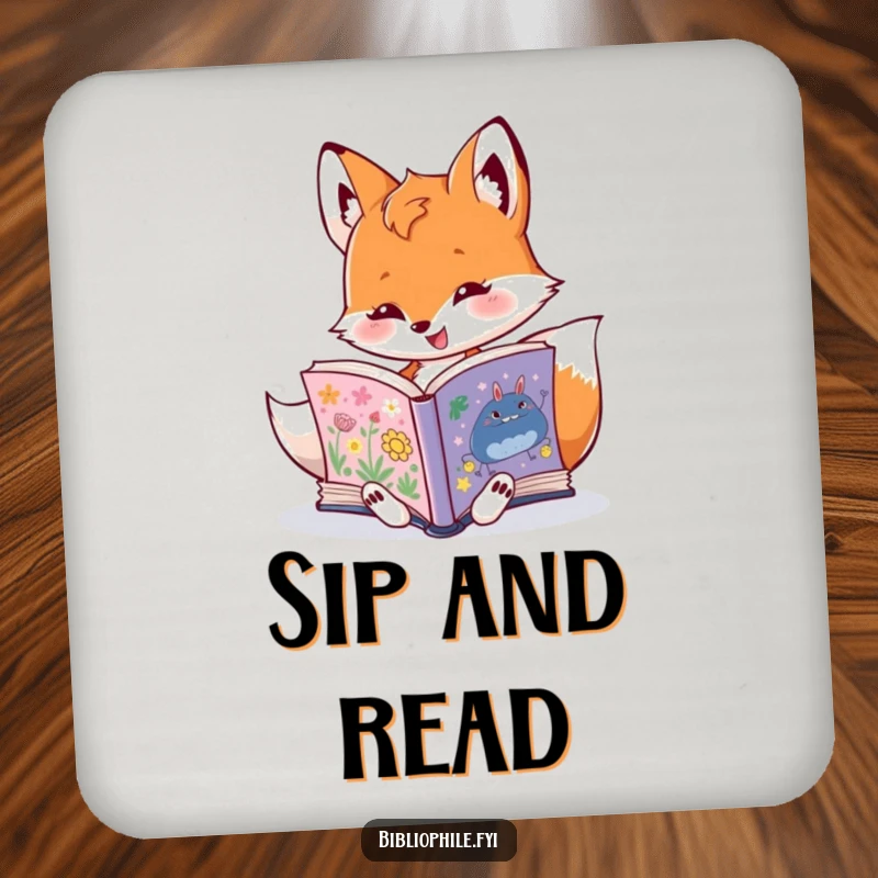 Funny fox character reading on a drink coaster, adding literary humor to home decor, a delightful funny gift.