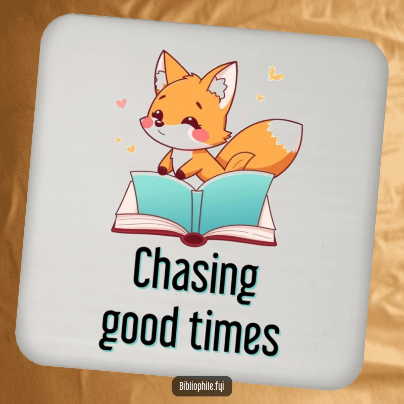 Funny Fox Coaster featuring a playful fox character chasing a fluttering bookmark through an open page, protecting furniture.