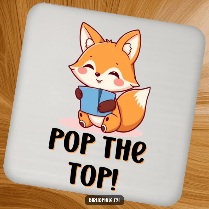 Funny drink coaster showing a smiling fox character discovering a hidden pop-up, adding a whimsical touch to any table.