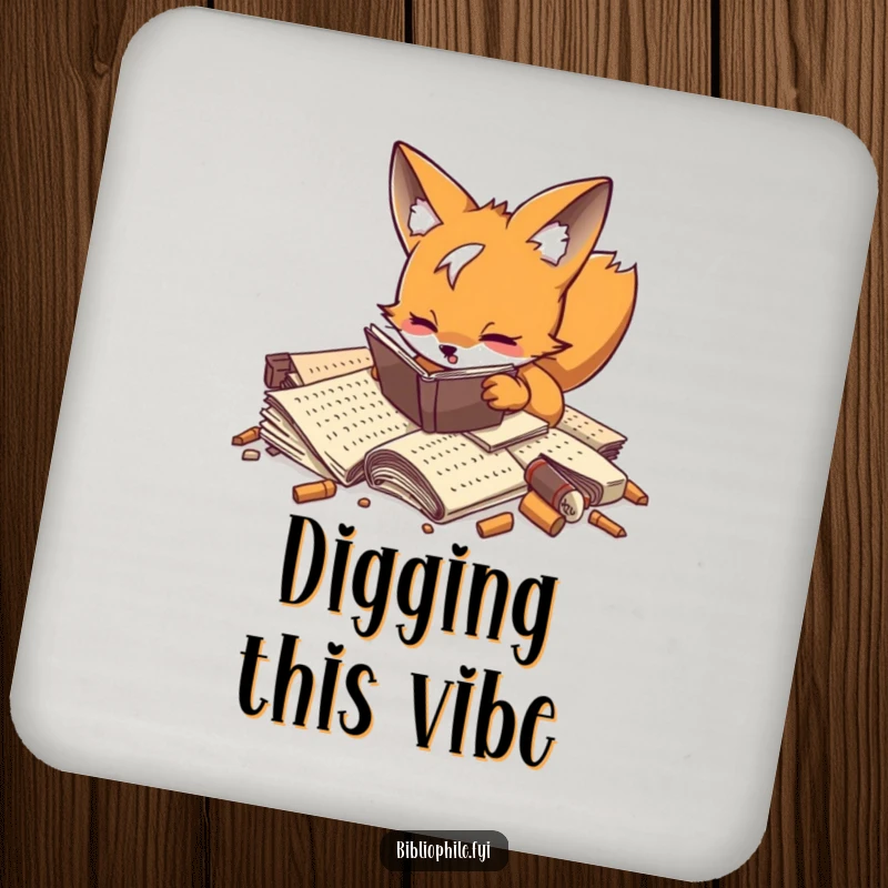Playful fox enthusiastically digging through forgotten manuscripts on drink coasters.