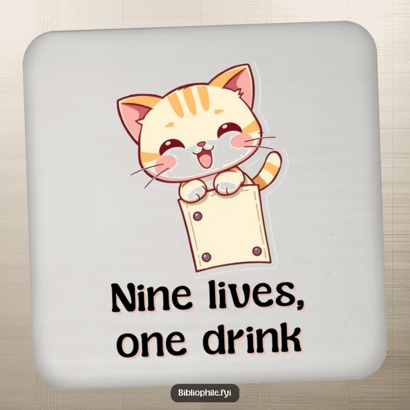 Funny kawaii cat character in a playful pouncing pose at the end of a bookmark, featured on a set of drink coasters.