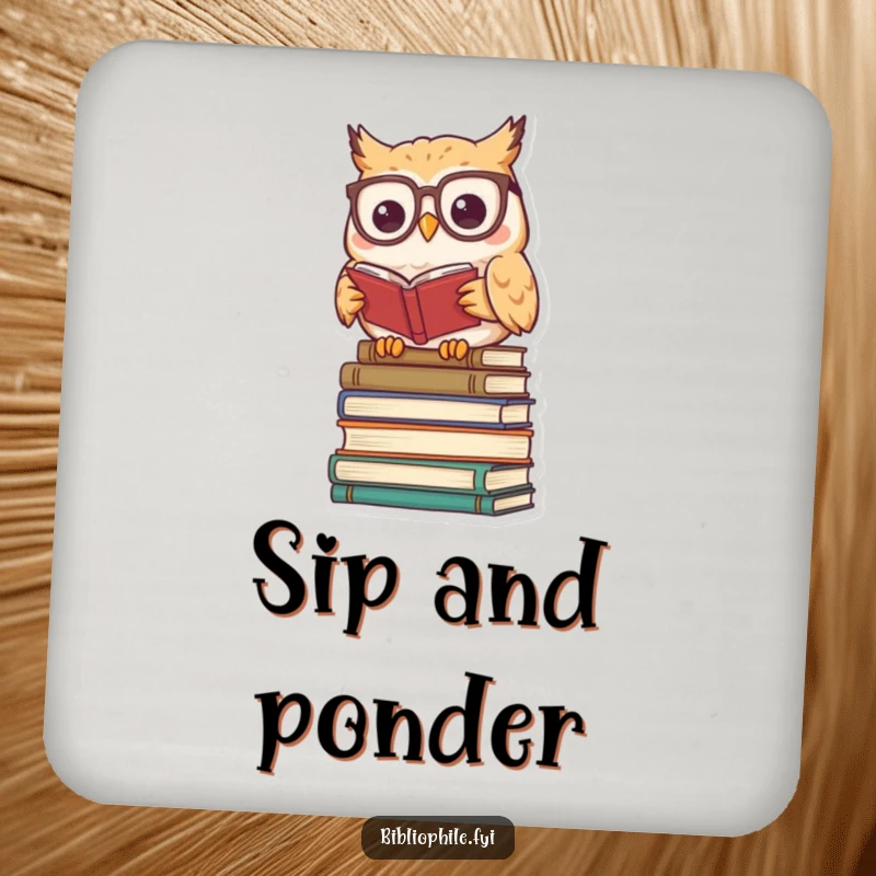 Funny kawaii owl character wearing reading glasses, perched on books, designed on a protective drink coaster.