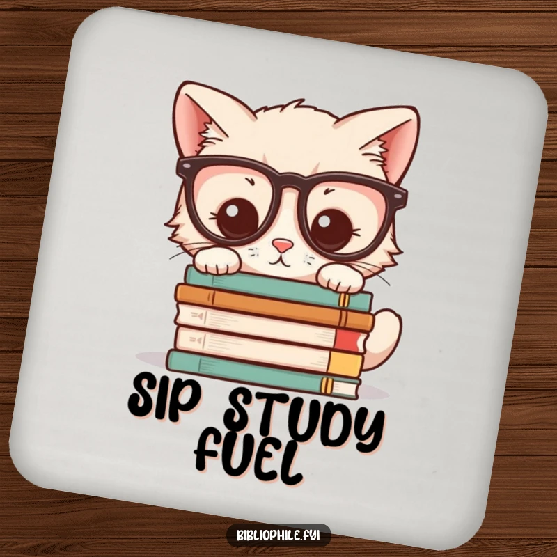 Funny drink coaster featuring a kawaii kitten wearing glasses, peering at a stack of novels, protecting surfaces humorously.