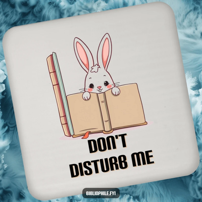 Funny drink coaster showing a mischievous rabbit character hiding behind a giant book, adding a playful, secretive touch to any table.