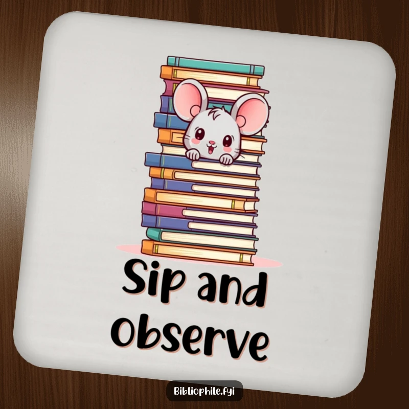 Funny drink coaster with a cute mouse character peeking from behind a towering pile of books, adding charm.