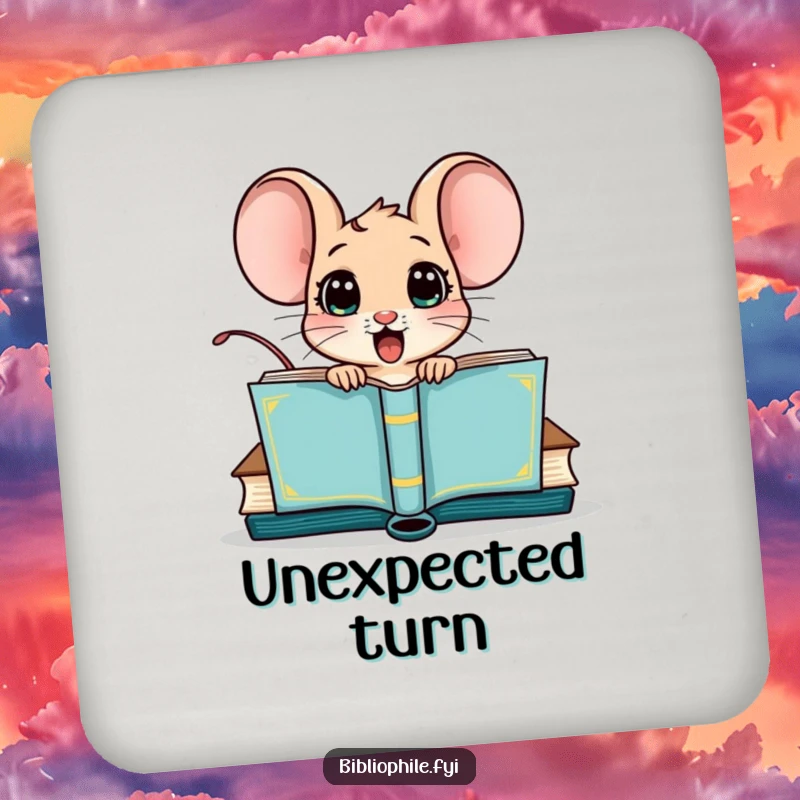 Funny coaster with a surprised mouse character popping out of a book cover, a cute and practical accessory.