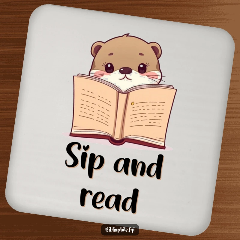 Funny drink coaster with a curious otter peeking from a book, protecting surfaces with literary-themed humor.