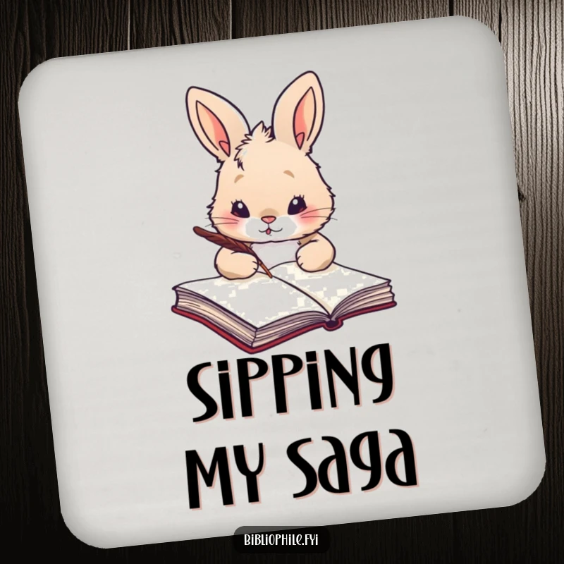 Funny rabbit with a quill, poised to write in a large tome, on a protective drink coaster.