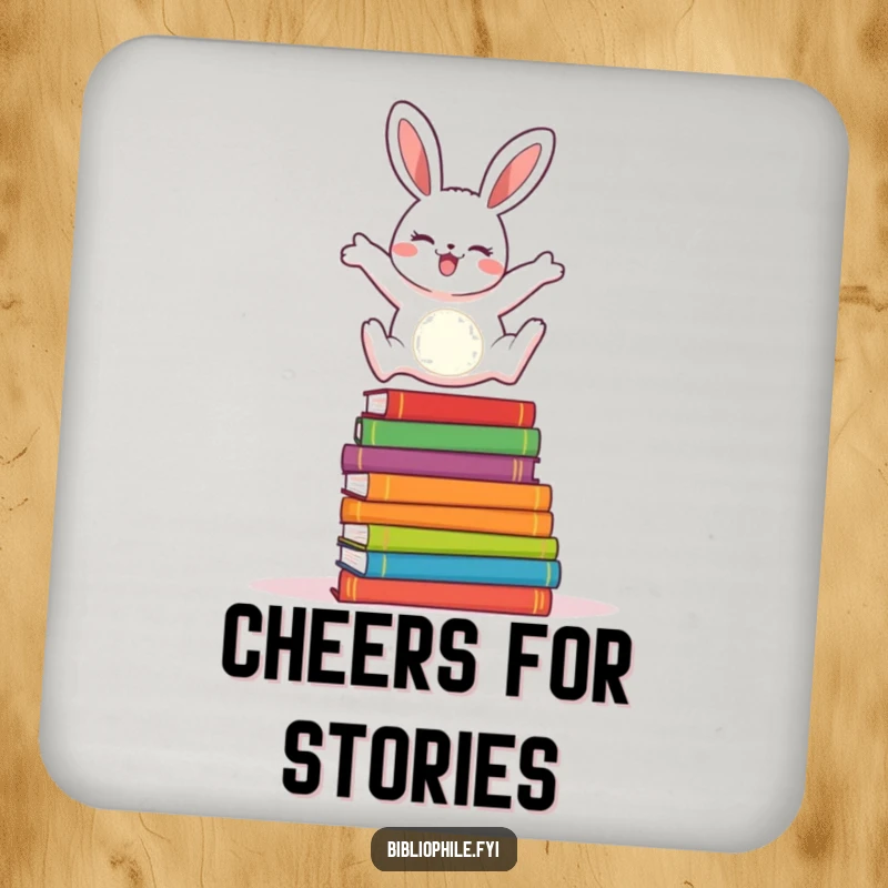 Cheerful rabbit joyfully leaping over a stack of colorful storybooks on drink coasters.