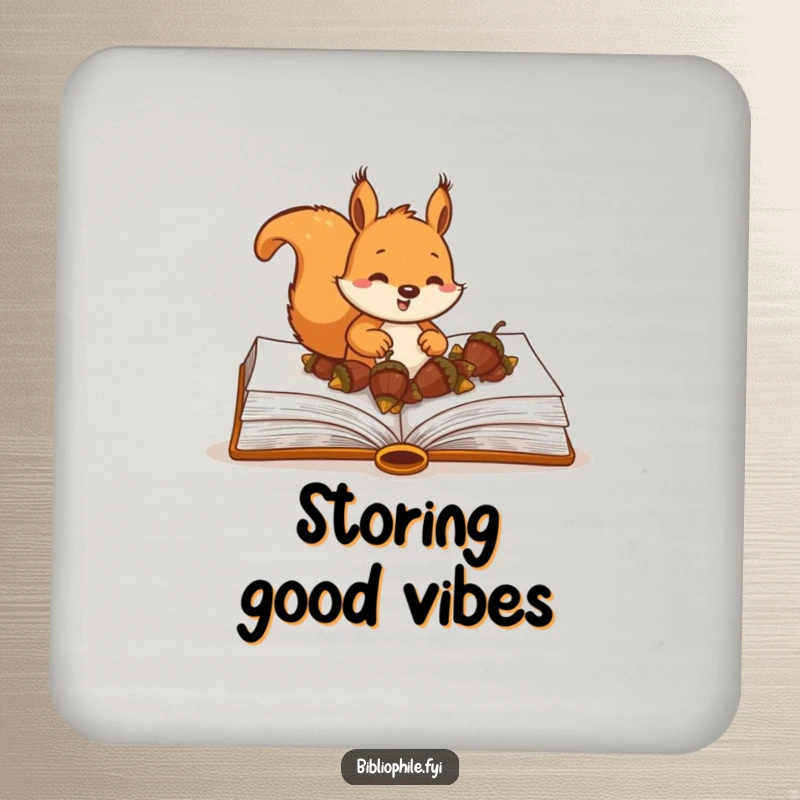 Funny Squirrel Coaster featuring a happy squirrel character burying acorns within the pages of a large hardcover book, protecting furniture.