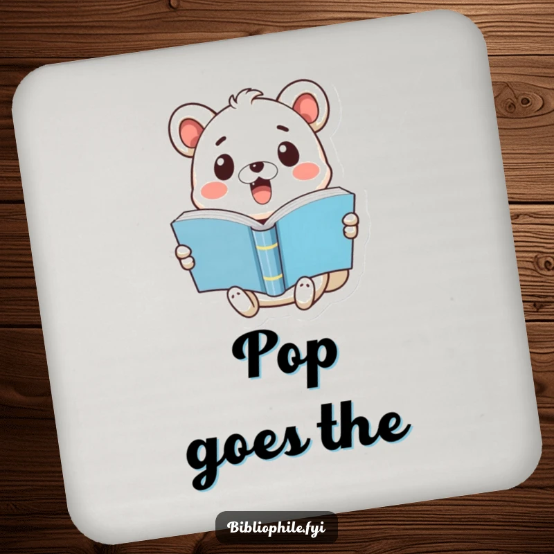 Funny drink coaster featuring a cute animal with a surprised expression holding a pop-open book, protecting surfaces humorously.