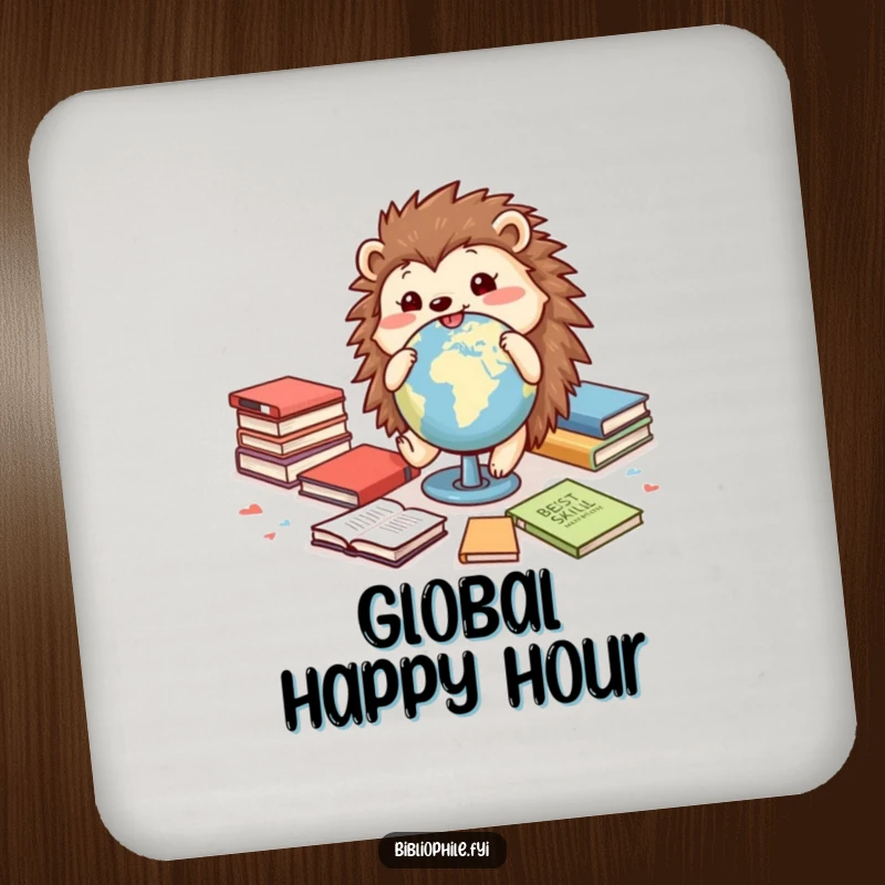 Funny drink coaster with a cheerful hedgehog rolling a globe among books, protecting surfaces with adventurous humor.