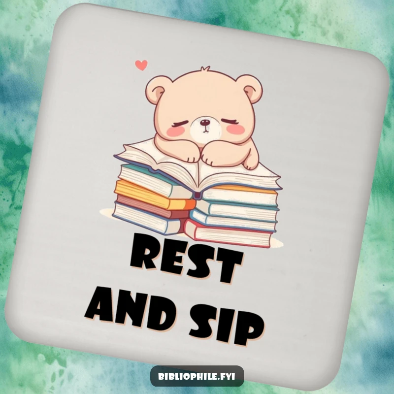 Funny bear napping on books on a drink coaster, symbolizing cozy reading and humor, a delightful funny gift.