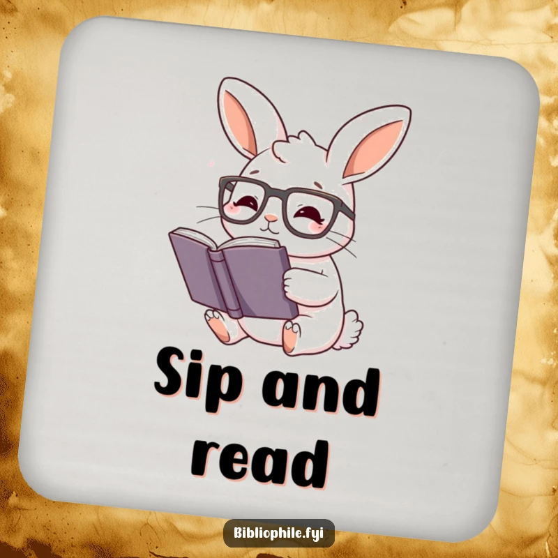 Funny Rabbit Coaster: Rabbit with reading glasses, engrossed in a book, protecting surfaces with charm.