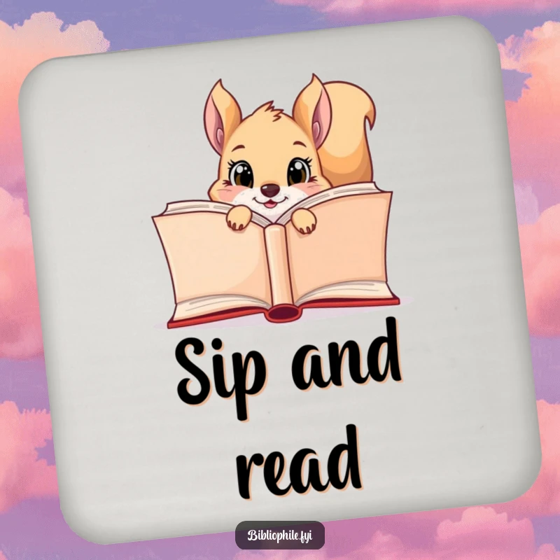 Funny squirrel peeking from behind a large open book on drink coasters, adding cute charm.
