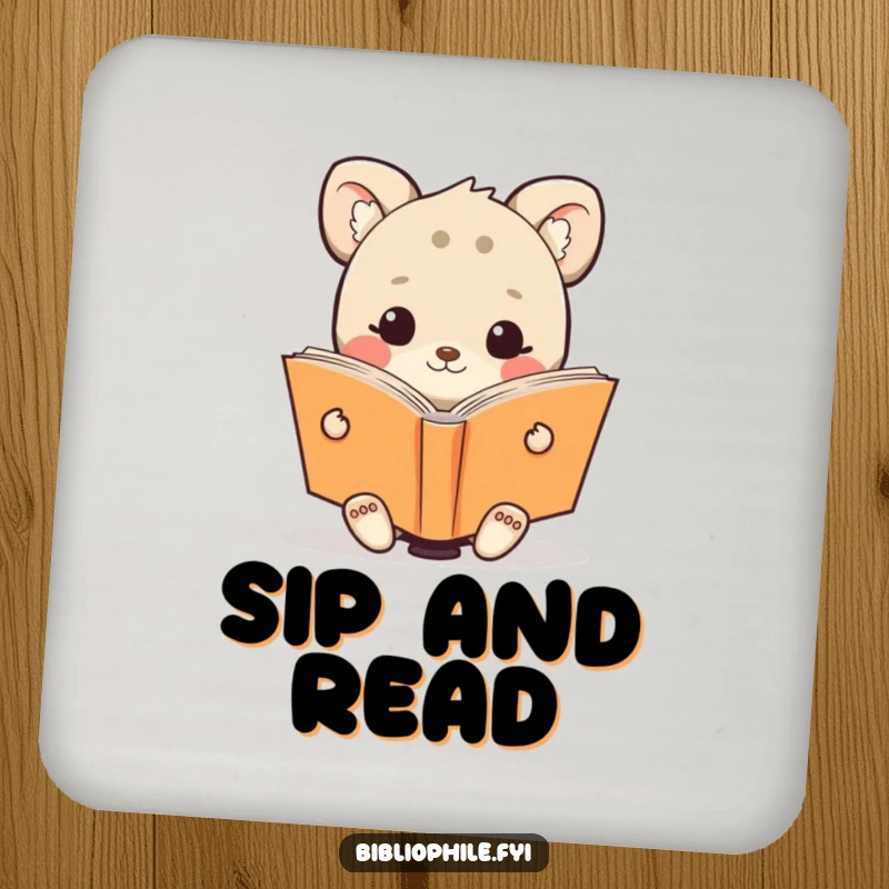 Funny coaster featuring a cute animal character happily reading an oversized book, a joyful and practical accessory.