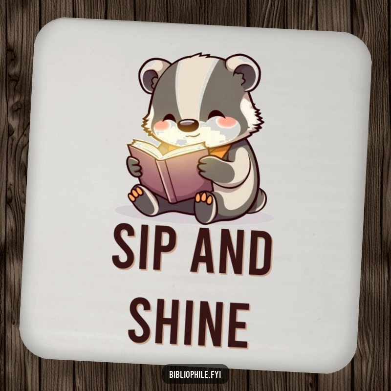 Funny badger reading a glowing book on a protective drink coaster, adding magical decor.