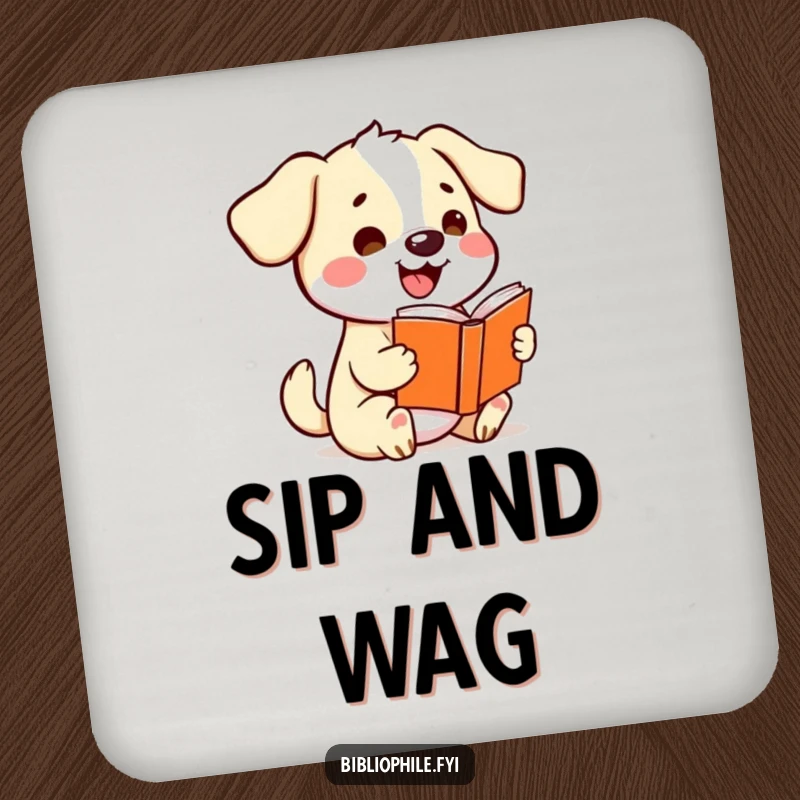 Funny kawaii dog wagging its tail excitedly while holding a storybook, printed on a set of humorous drink coasters.