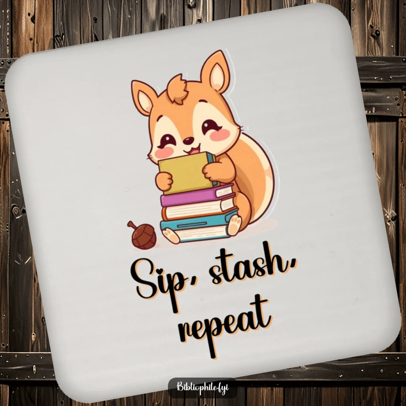 Funny kawaii squirrel hoarding books like acorns, printed on a set of humorous drink coasters.