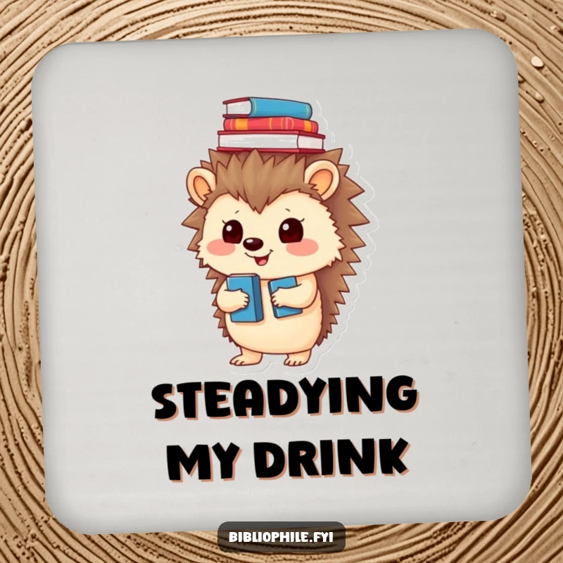 Funny coasters with a playful hedgehog balancing books on its head, protecting surfaces with humor.