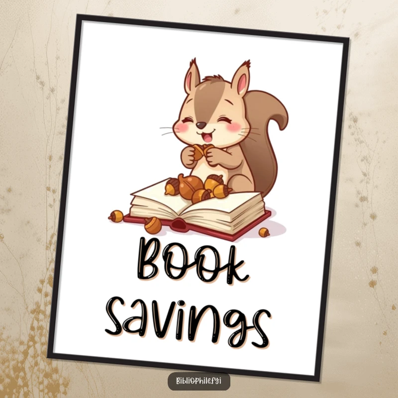 Funny squirrel stuffing acorns into a hollow book on a poster, depicting organized hoarding humor, a humorous wall art.