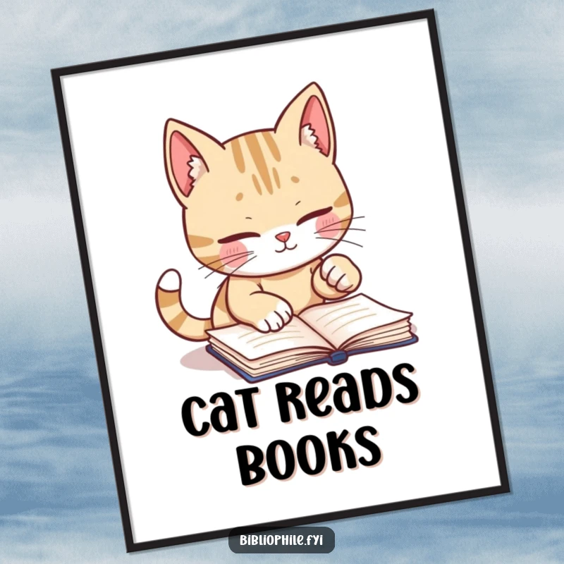 Funny poster featuring a cute cat character diligently marking a book page with a playful paw, adding literary charm.