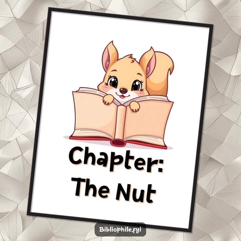 Funny curious squirrel with bright eyes peeking out from behind a giant open book, art print for walls.