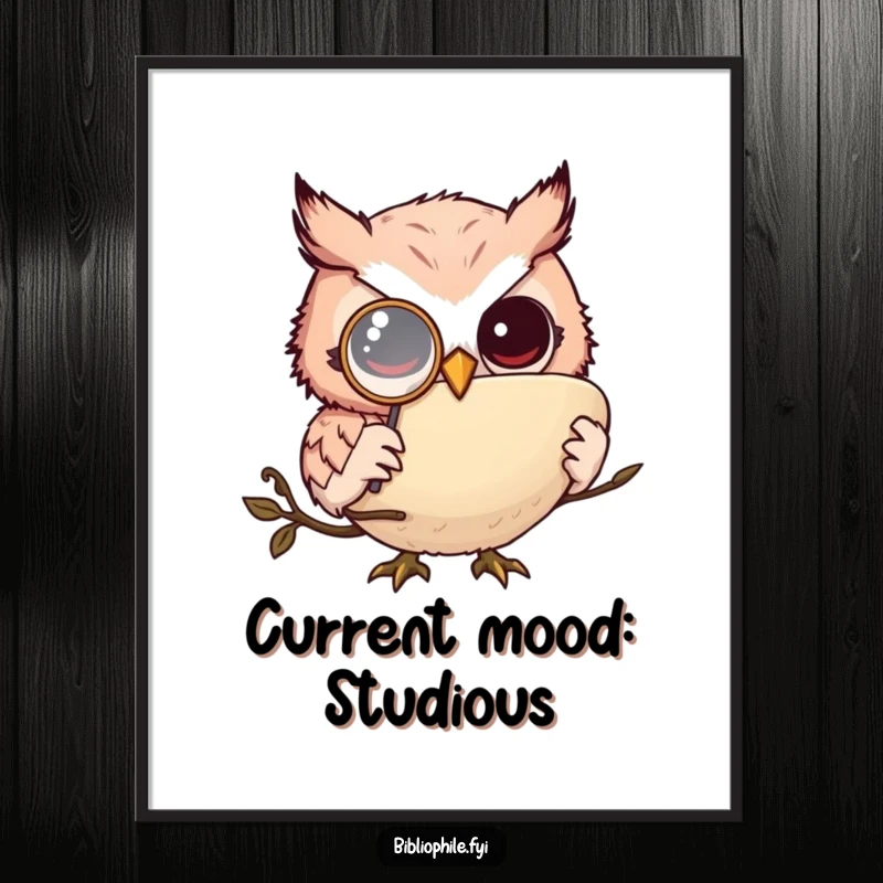 Funny owl monkler poster, a distinguished owl with a monocle reading a giant book, witty wall art funny gift.