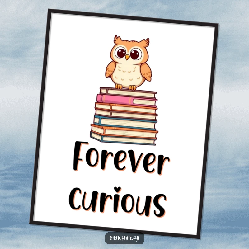 Funny Owl Poster showcasing a cute, stylized owl perched on a stack of oversized books, peering curiously, suitable for wall decor.