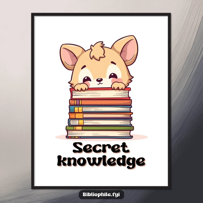 Funny poster of a cute animal character curiously peeking over a large stack of books, inspiring thought and discovery.