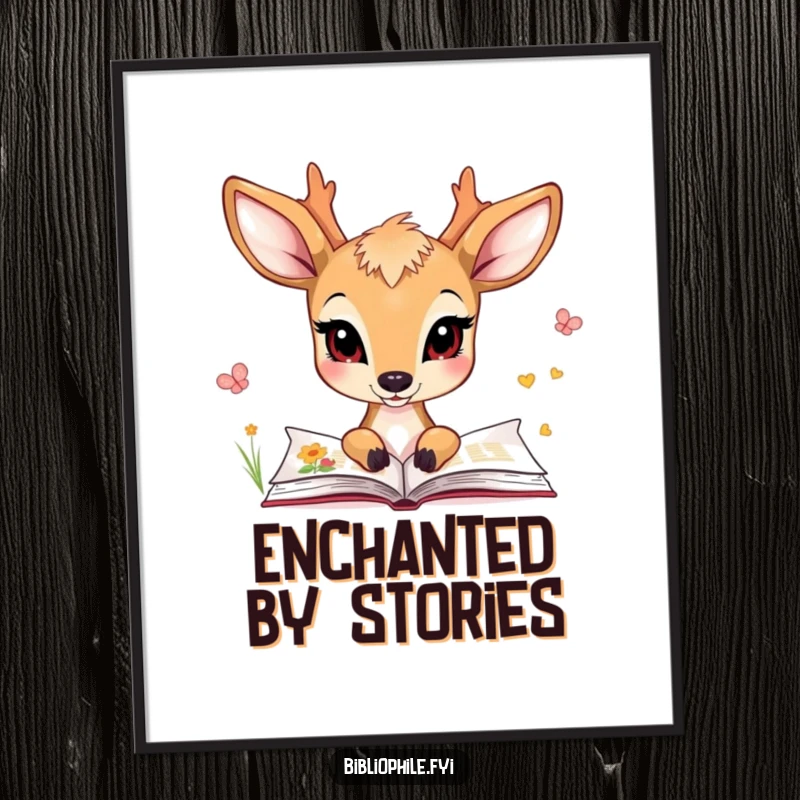 Funny poster of a charming deer character gazing at illustrated pages, adding artistic flair to decor.
