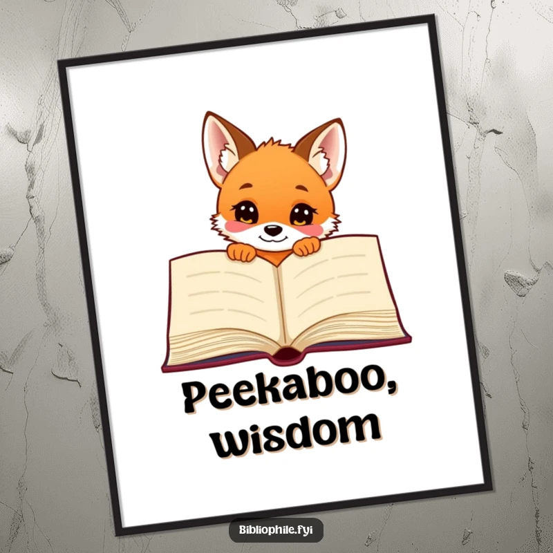 Funny curious fox puppy peeking behind a giant open book, designed as charming wall art poster.