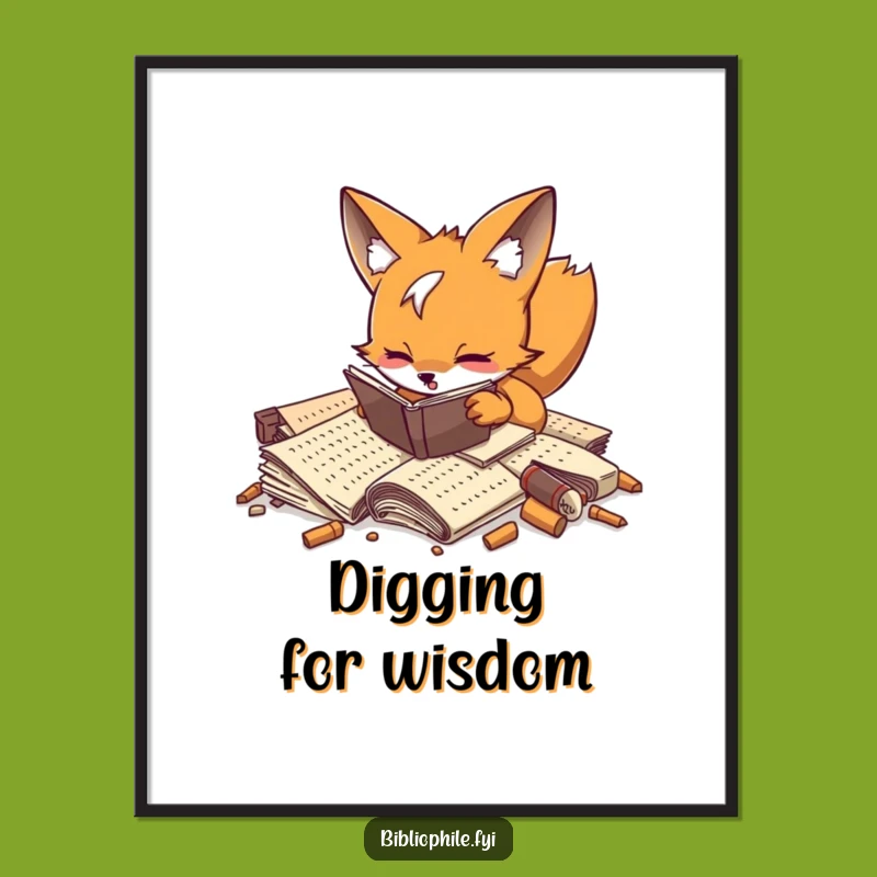Adorn your space with historical humor using this funny poster of a fox digging through manuscripts. Perfect for your study or library.