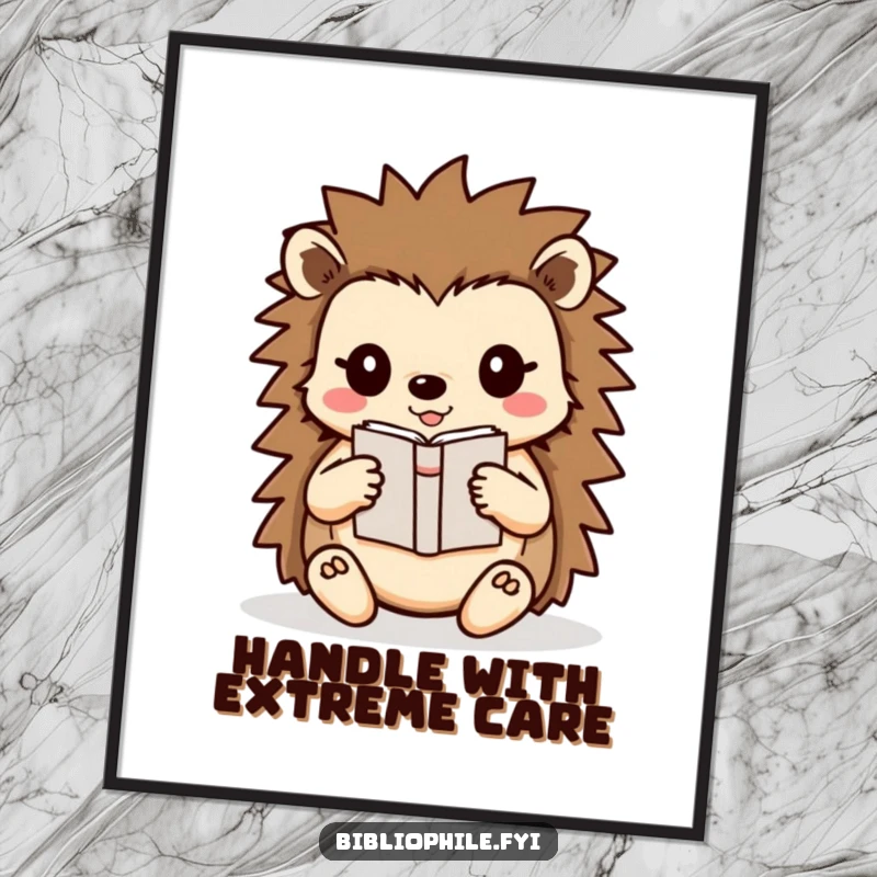 Funny Hedgehog Poster showing a cute hedgehog character carefully carrying a small book, adding adorable and heartwarming literary art.