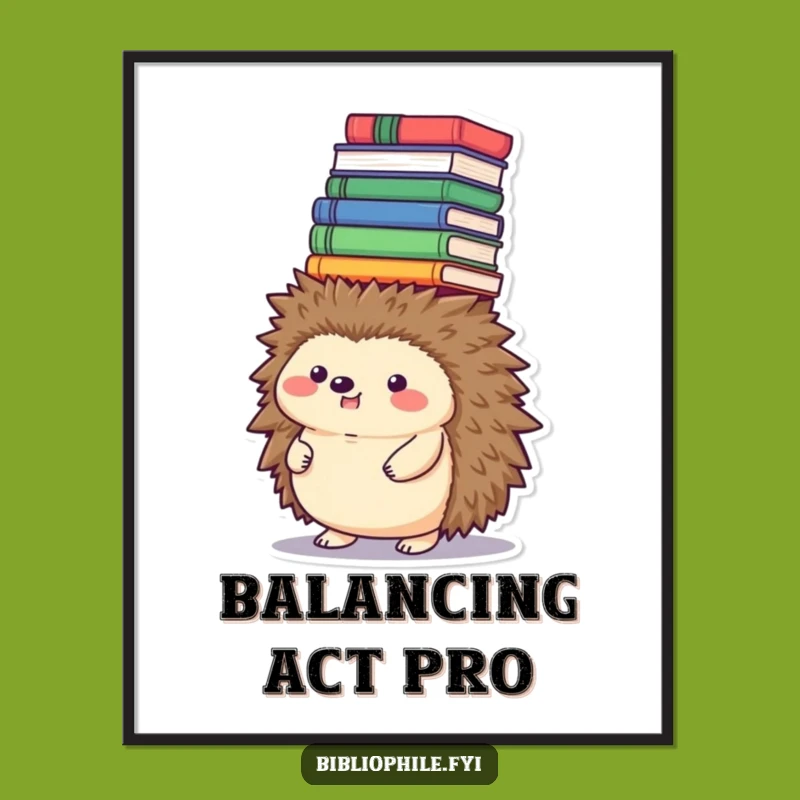 Funny Hedgehog Book Tower Poster - Whimsical Art for Book Lovers