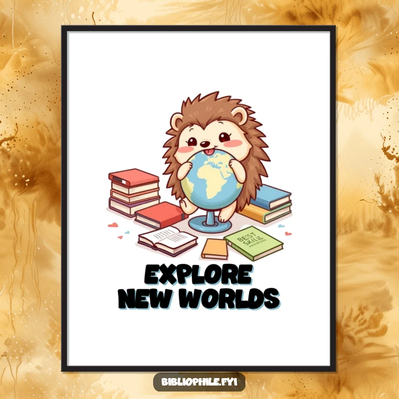 Funny poster art of a cheerful hedgehog rolling a globe among books, celebrating adventure and a love for the world.