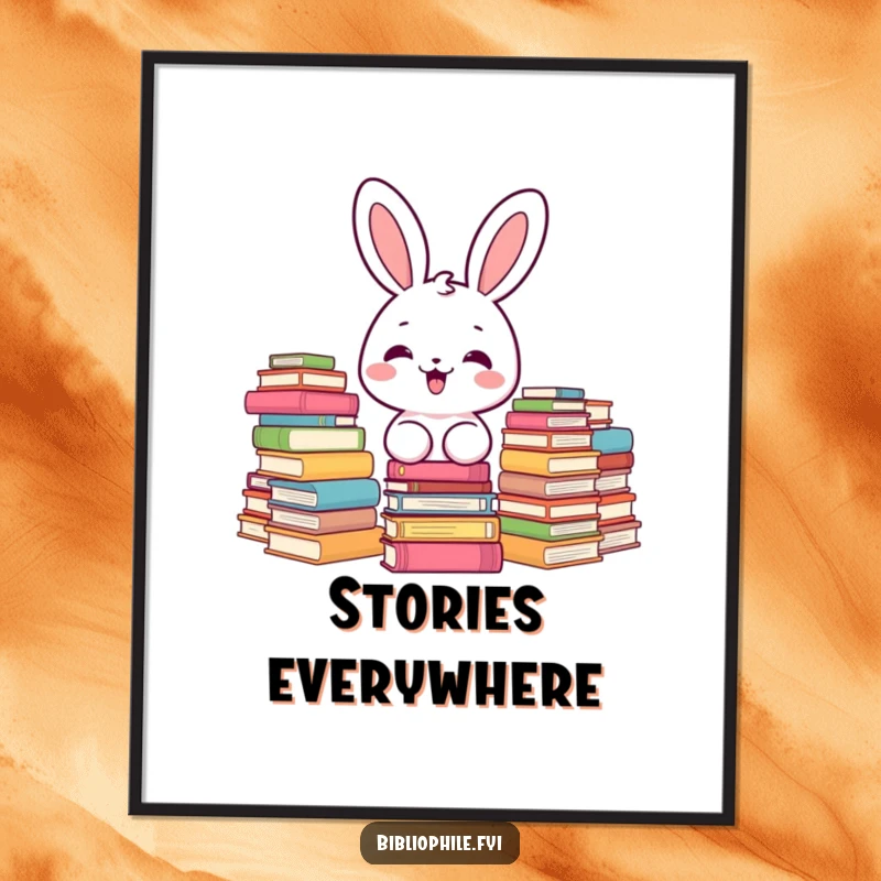 Funny kawaii bunny character delighted by stacks of books, presented as joyful wall art poster.