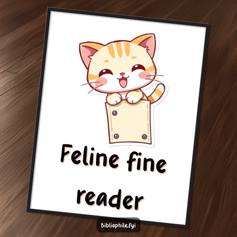 Funny kawaii cat character depicted in a dynamic pounce pose at the end of a bookmark, on a whimsical poster.