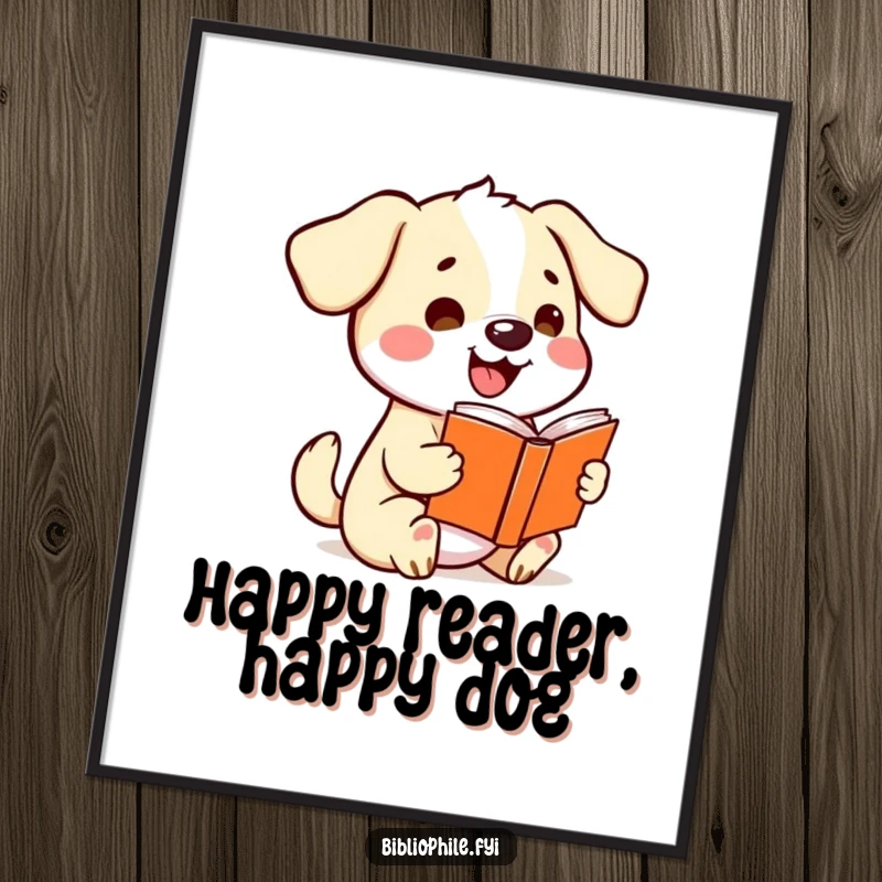 Funny kawaii dog character wagging its tail excitedly while holding a storybook, on a humorous and vibrant poster.