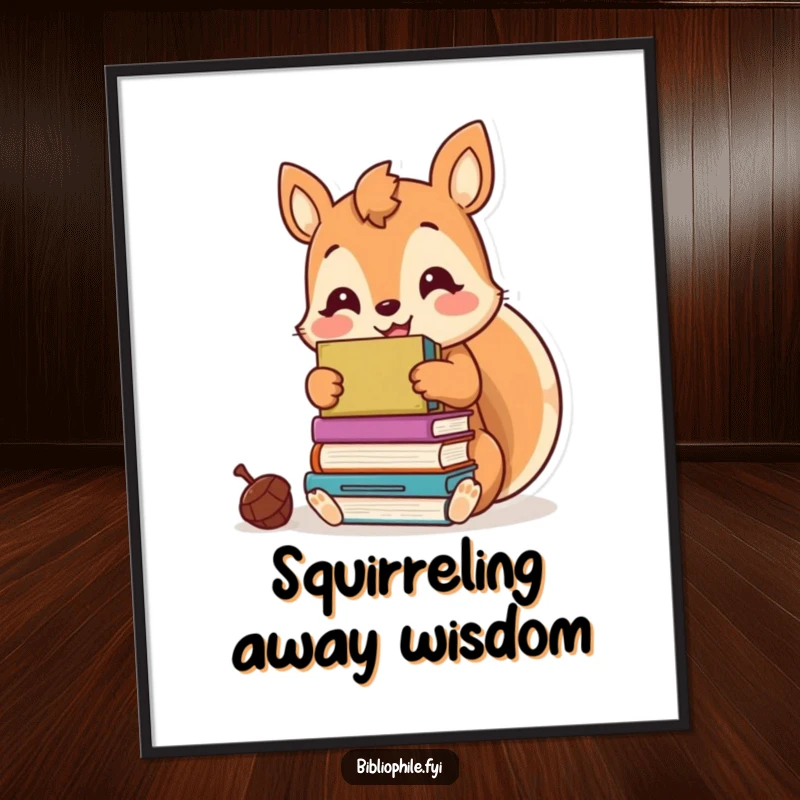 Funny kawaii squirrel character gleefully hoarding books like acorns, on a humorous and vibrant poster.