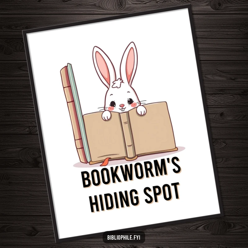 Funny poster showing a mischievous rabbit character hiding behind a giant book, capturing playful secrecy and a love for hidden adventures.