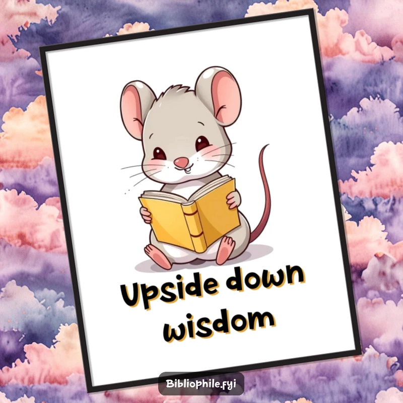Funny Mouse Poster showing a cute mouse character amusingly reading a tiny book upside down, adding whimsical and humorous literary art.