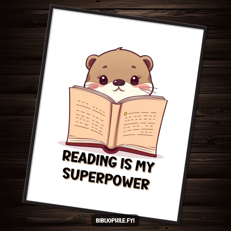 Funny poster artwork of a curious otter peeking from a book, adding whimsical charm to wall decor for book lovers.