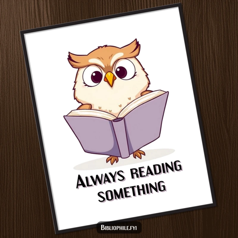 Funny poster featuring a cute owl character enthusiastically turning the pages of a large book, a delightful piece of bookish wall decor.
