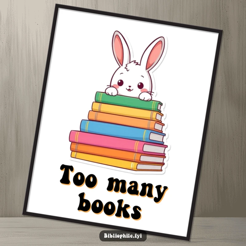 Funny rabbit peeking over colorful book stacks on a poster, evoking curiosity and bookish charm, a humorous wall decor.