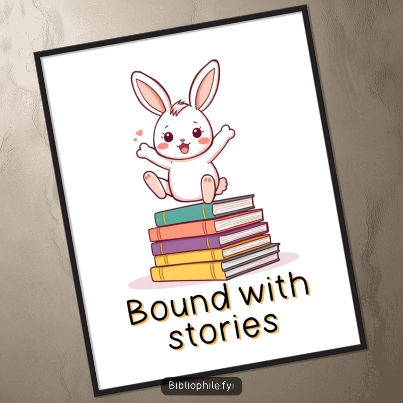 Funny Rabbit Poster depicting an energetic rabbit character bouncing excitedly on a pile of storybooks, ideal for wall art.