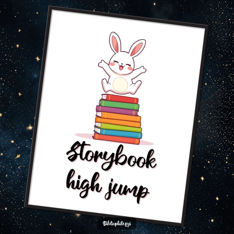 Cheerful rabbit joyfully leaping over a stack of colorful storybooks, designed as a vibrant art print.