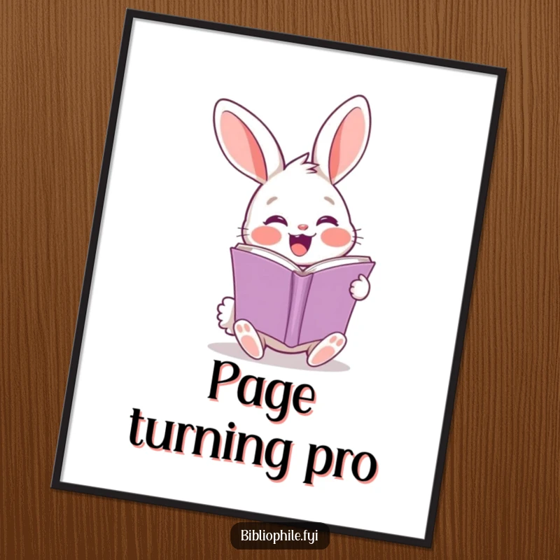 Funny rabbit poster print of a cheerful character turning a page, joyful literary wall art.